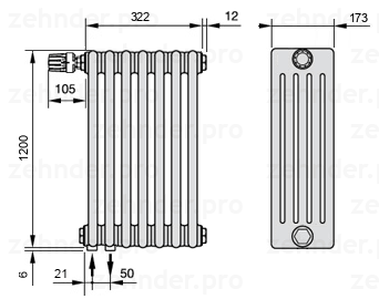 Схема (чертеж) Радиатор Zehnder Charleston 5120/7 №V001 Белый глянцевый RAL 9016